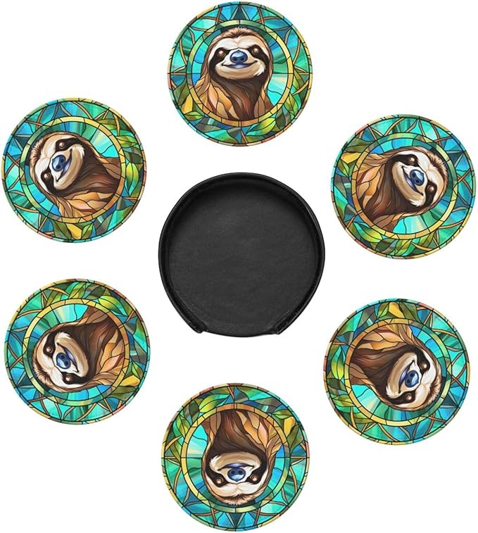 Sloth Drink Coaster Set of 6, Sloth Decor Gifts, Leather Drink Coasters with Holder, 6 Pack Cup/Bar/Drink Coasters for Table/Drinks/Coffee Protection Housewarming Gift (Sloth)