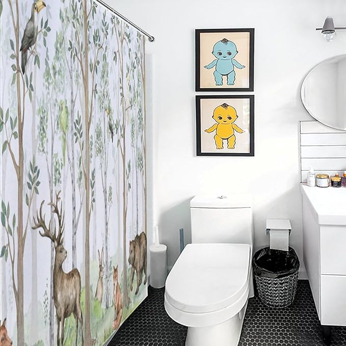 Animal Forest Watercolor Shower Curtains for Bathroom, Cartoon Bear Deer Fox Birds Rabbit Green Woodland Pattern Decor Bath Drapes Set with Hooks, Waterproof Fabric Windows Treatment, 66x72in