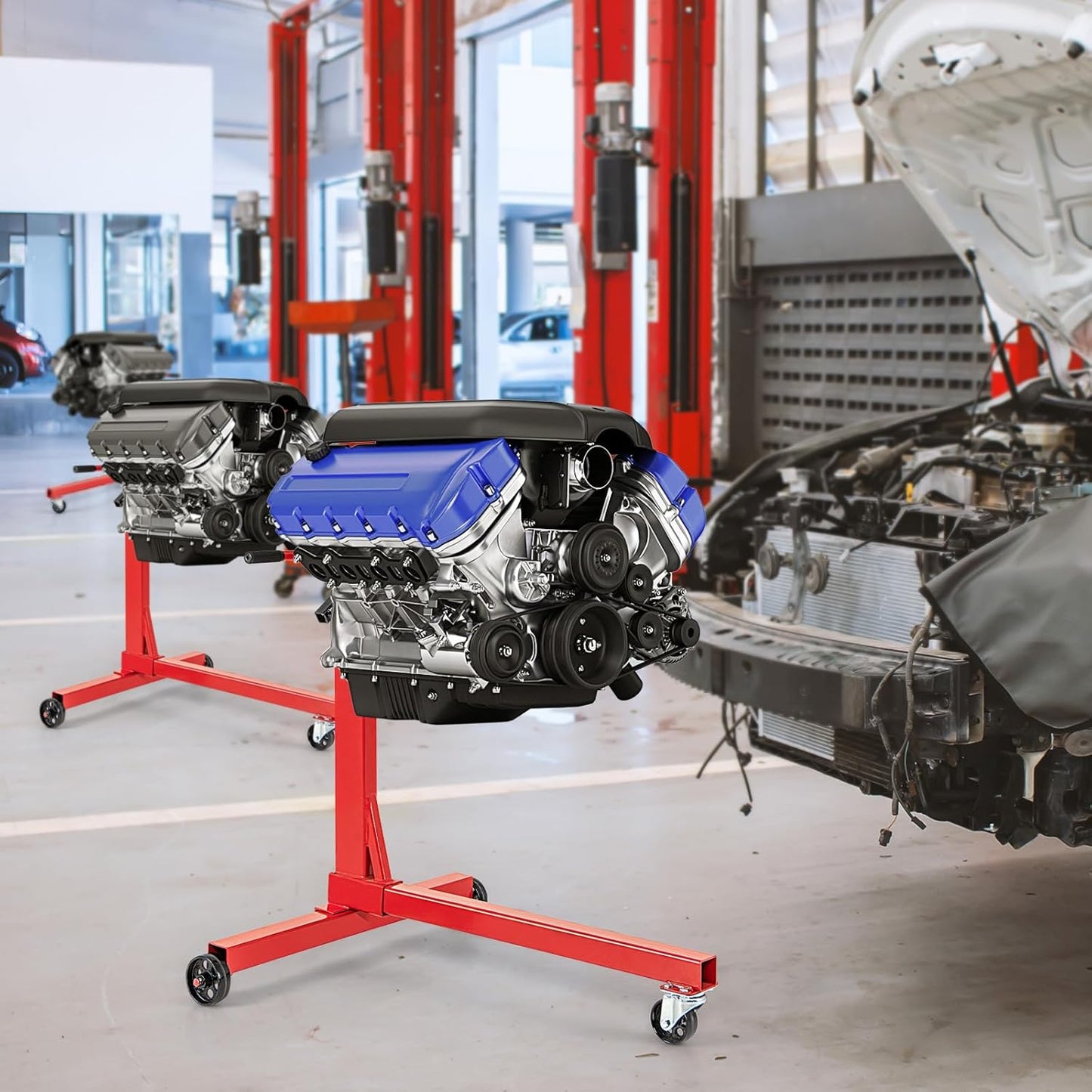 Goplus Engine Stand, 750 LBS (3/8 Ton) Motor Stand with Wheels, 360 Degree Rotating Head & Adjustable Arms, Heavy-Duty Metal Engine Holder for Garage, Auto Repair, Red