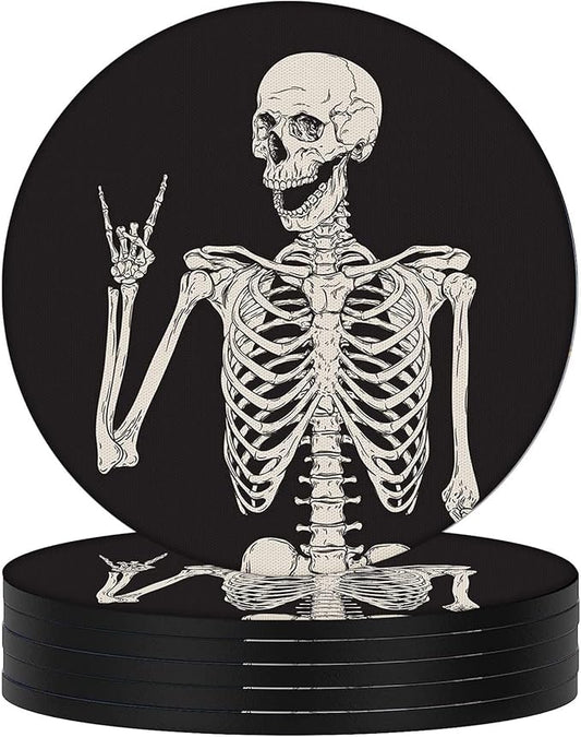 Swooflia Coasters for Drinks Coffee Table, Skeleton Funny Black Silicone Absorbent Cup Coaster Set Housewarming Kitchen Home Wooden Desk Office Bar Tabletop Decor 6 Pack