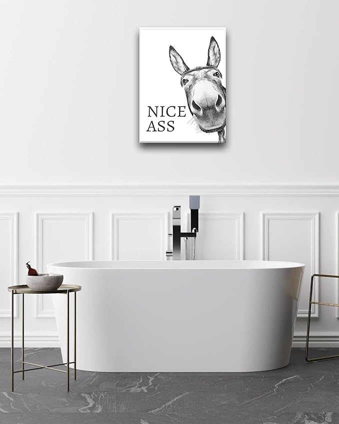 UPWOIGH Funny Bathroom Wall Art Decor, Black and White Donkey Wall Art, Waterproof Wood Framed Canvas Wall Art Animals Abstract Prints, 12x16in High-end Pictures for Dormitory Kids Room 1 Pack