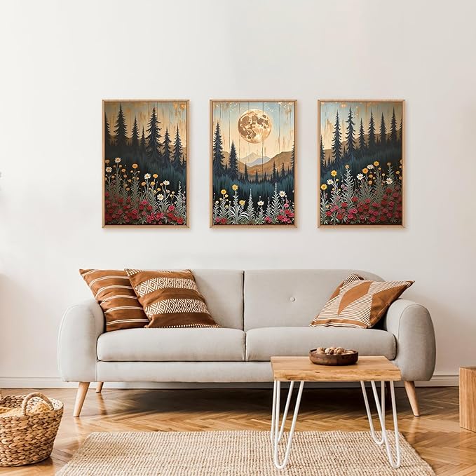 Vintage Moon Forest Framed Canvas Wall Art Set, Wildflower Forest Mountain Wall Decor, Nature Pine Tree Wall Painting, Colorful Floral Art Prints for Living Room, Bedroom, Office - 16"X24"X3