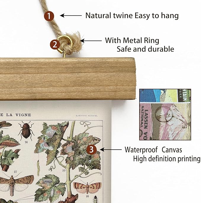 XIAOAIKA Vintage Vineyard Pests Identification Chart - Rustic Wall Hanging Educational Poster with Wooden Scroll Frame - Ideal for Wine Enthusiasts and Gardeners 16 x 23 Inches