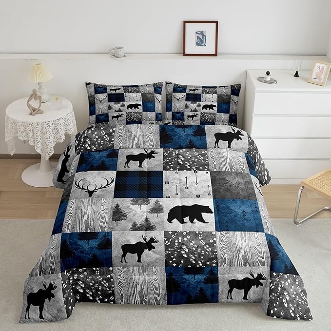 Bear Bedding Set Full for Teens Boys,Farmhouse Moose Elk Deer Comforter Set Cabin Lodge Decor,Hunting Animal Duvet Insert,Blue Grey Buffalo Plaid Check Patchwork Down Comforter with 2 Pillowcases