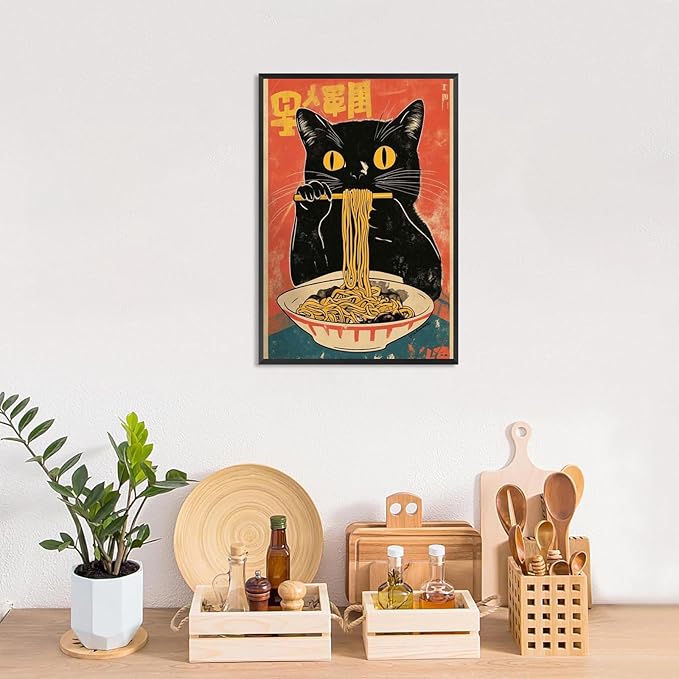Vintage Cute Black Cat Eats Lamian Noodles Poster Prints Lamian Noodles Canvas Wall Art Cute Black Cat For Home Bedroom Kitchen Dorm Wall Decor 16x24in Black Frame