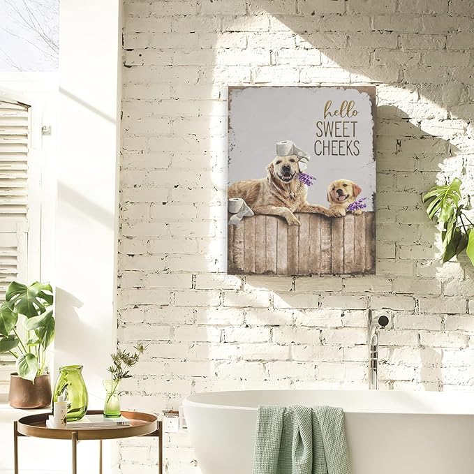 Bathroom Decor Wall Art Dog Pictures Wall Decor Golden Retriever Painting Funny Farmhouse Bathroom Wall Art for Bathroom Toilet Rustic Animals Bathroom Artwork Framed 16"x20"