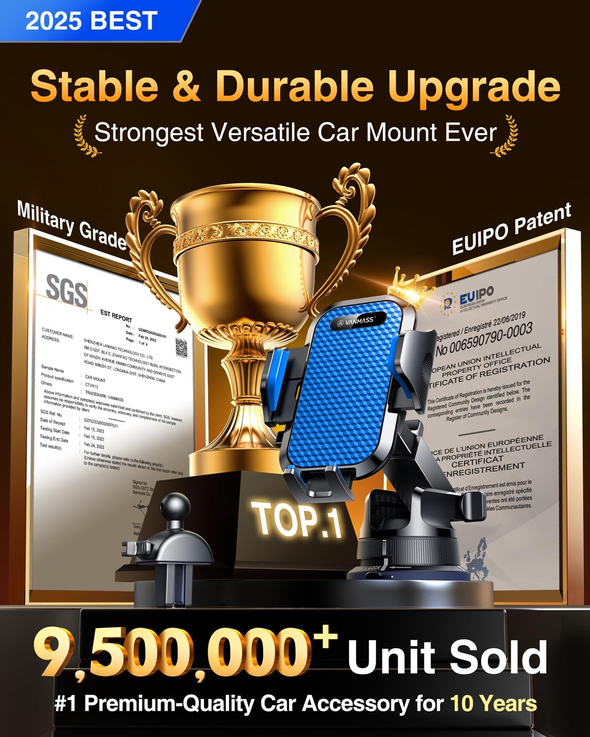 VANMASS [Pro Version] Universal Car Phone Mount [Super Suction Cup] Dashboard Phone Holder, Handsfree Windshield Dash Vent Phone Holder Car, Compatible for iPhone 16 15 14 13 Samsung LG & Truck,Blue