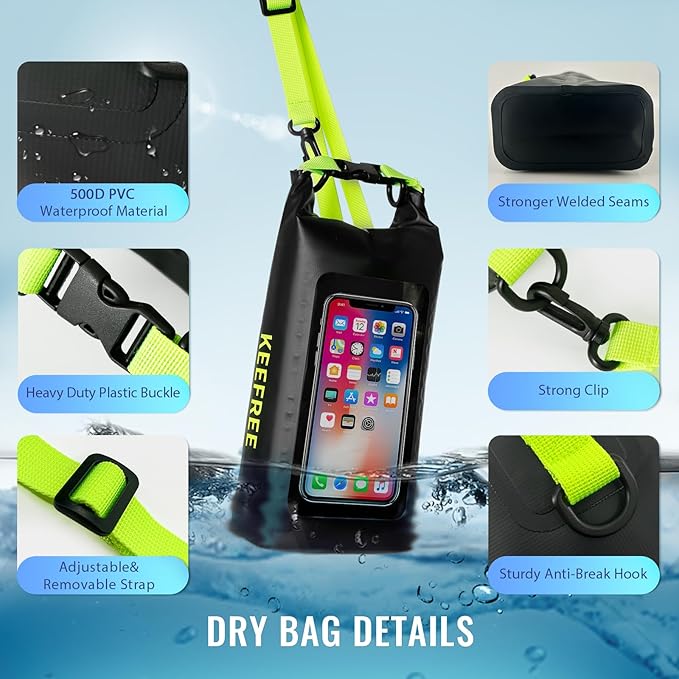Waterproof Dry Bag,Roll Top Waterproof Backpack Phone Case Pouch for Travel,Kayaking,Rafting,Camping,Surfing,Boating,Hiking,Beach and Fishing (2 L Black+Green)
