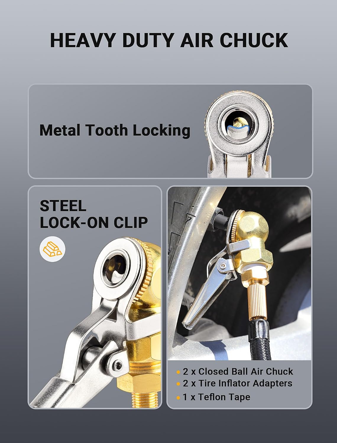 2-Pack 1/4'' Female NPT Air Chuck with Clip, Locking Closed Ball Tire Chuck with Inflator Adapter 1/4 NPT (m) to Schrader Valve (m), 2-Way Connection Tire Nozzle for Tire Inflator Air Compressor Hose