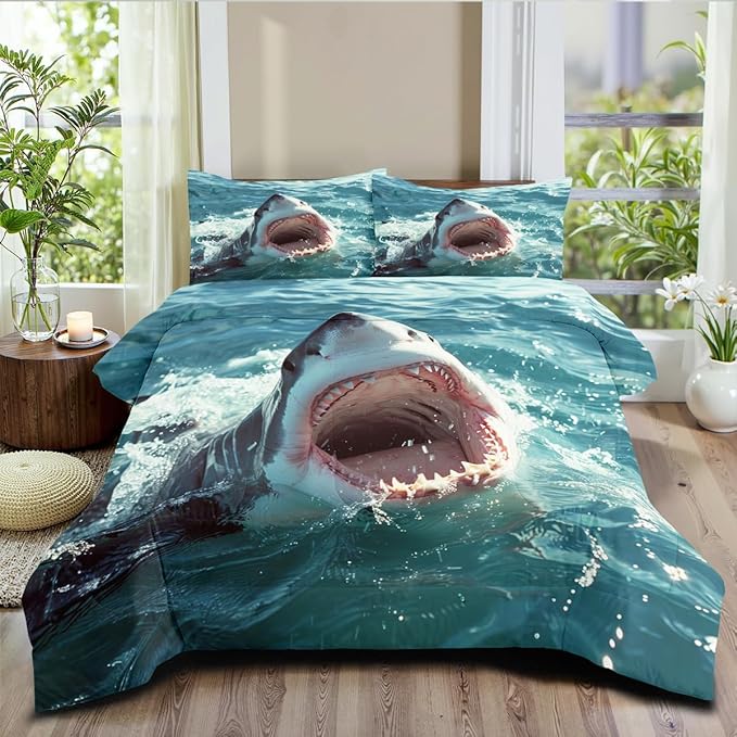 Boys Shark Bedding Set Full Size Teal Blue Comforter Set for Kids Boys Teen Aqua Ocean Comforter Sets with 1 Sharks Comforter + 2 Pillowcases