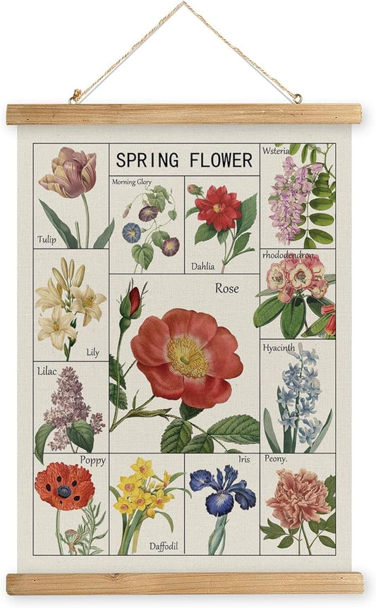 Vintage Spring Flower Poster Print, Botanical Educational Illustration, Rustic Wooden Hanger Frame, Linen Canvas Wall Art Decor, Farmhouse Cottagecore Style for Living Room Bedroom Office (16" x 23")
