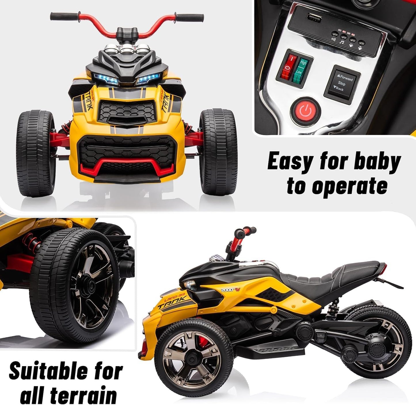 12V Kids Electric Ride-On Car with Parent Remote Control, 7MPH, 2 Speeds, 2x55W Motor, LED Lights, Music, USB & EVA Tires, 3 Wheel Battery Powered Toy Vehicle for Toddlers
