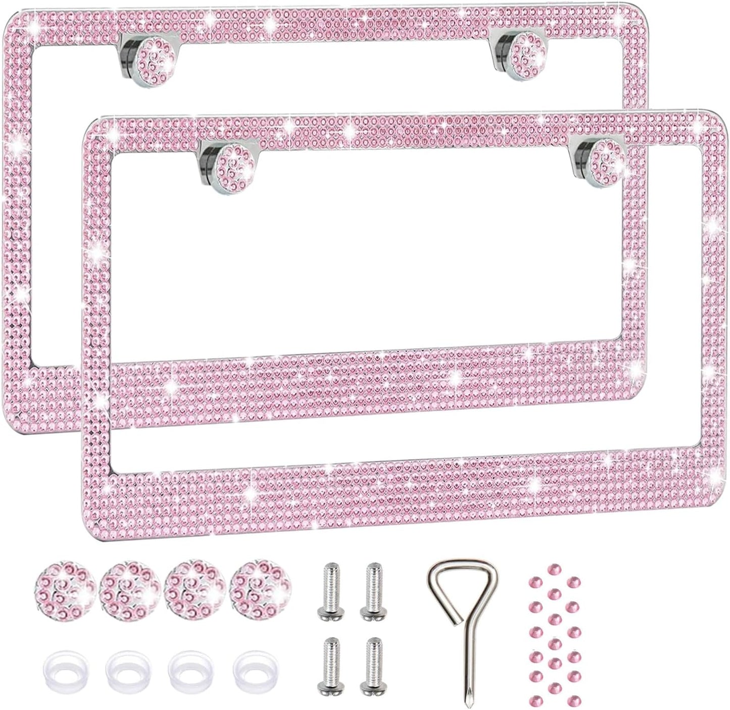 2 Pack License Plate Frames for Women, Sparkly Rhinestone Diamond Car Accessories with Glitter Crystal Caps (Pink (2PCS))
