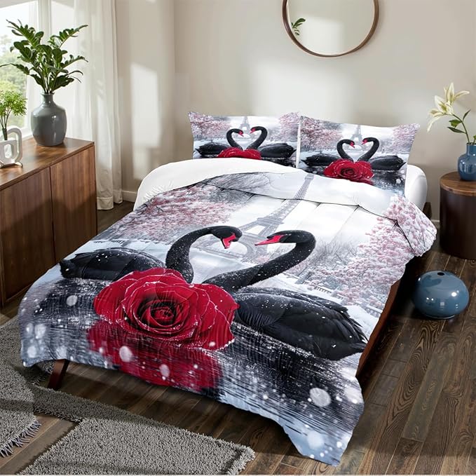 Swan Comforter Set Queen Couple Red Rose Bedding Set for Women Men Aesthetic Romantic Bedding Soft Down Alternative Comforter Sets for All Season Great Valentine's Day Bedroom Decor