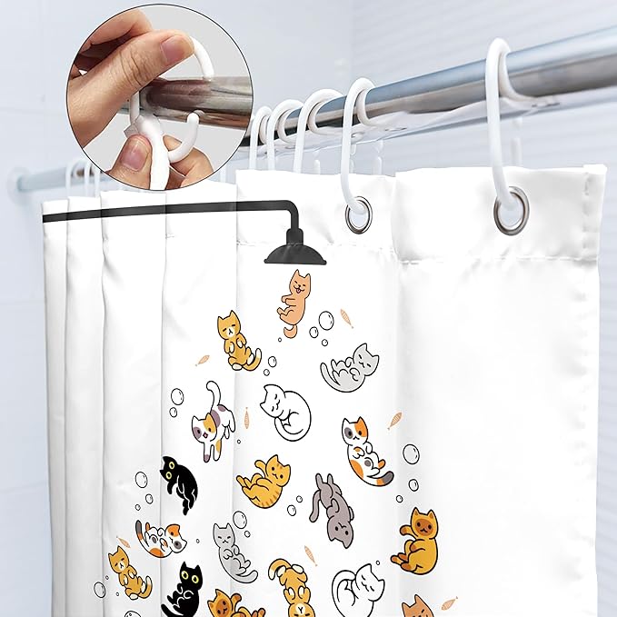 SVBright Extra Long Cat Shower Curtain 72Wx84L Inch for Kids Cute Cartoon Animal Funny Raining Colorful Hilarious Playing Water Lovely 12 Pack Hooks Polyester Waterproof Fabric Bathroom Bathtub Panels