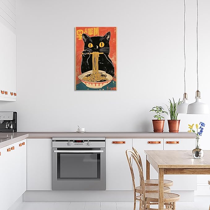 Vintage Cute Black Cat Eats Lamian Noodles Poster Prints Lamian Noodles Canvas Wall Art Cute Black Cat For Home Bedroom Kitchen Dorm Wall Decor 12x16in Wooden Frame
