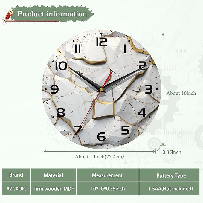 White Wall Clock,Marble Wooden Wall Clocks Art Hanging Silent Non-Ticking Wall Clock Battery Operated Round Home Arabic Numeral Decorative Wall Clocks 10 Inch