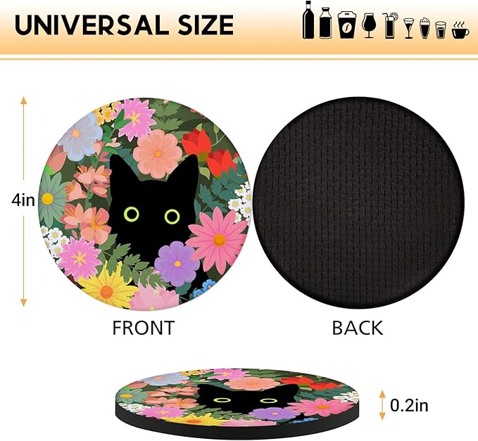 Swooflia Coasters for Drinks Coffee Table, Flower Black Cat Cute Colorful Silicone Absorbent Cup Coaster Set Housewarming Kitchen Home Wooden Desk Office Bar Tabletop Decor 6 Pack