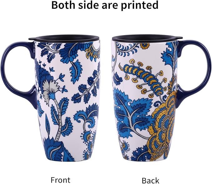 Topadorn Ceramic Mug with Lid and Handle,17oz. Tall Coffee Cup for Home,Party and Birthday,Blue Flower