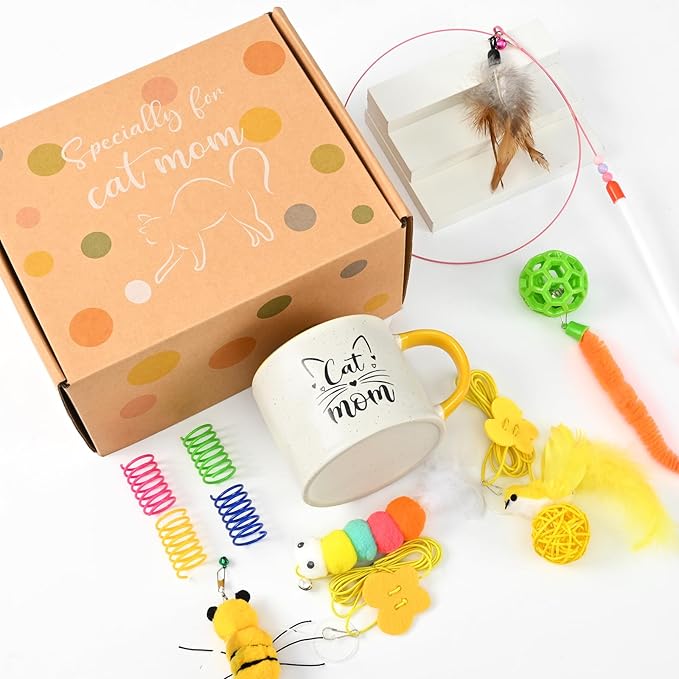 YHRJWN Cat Mom Mothers Day Gifts, Cat Lover Gifts for Women, Christmas Birthday Gift for Mom Wife Daughter Friends, 14 Oz with Toys