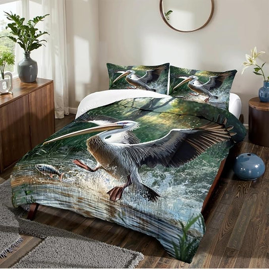Wildlife Theme Comforter Set Twin Modern Bedroom Decor Bedding Set Funny Aesthetic Animal Bedding Nature Bird Fish Pattern Bed Set with 1 Pillowcase Soft Microfiber
