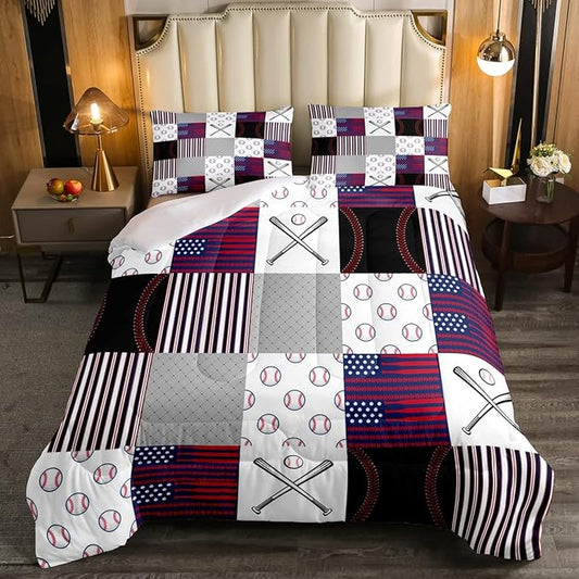 Boys Baseball Bedding Set Queen Ball Games Sports Comforter Set for Kids Teens,Red Blue Abstract American Flag Bedding Comforter Set Patchwork Grey Grid USA Flag Quilt Duvet Set with 2 Pillow Cases