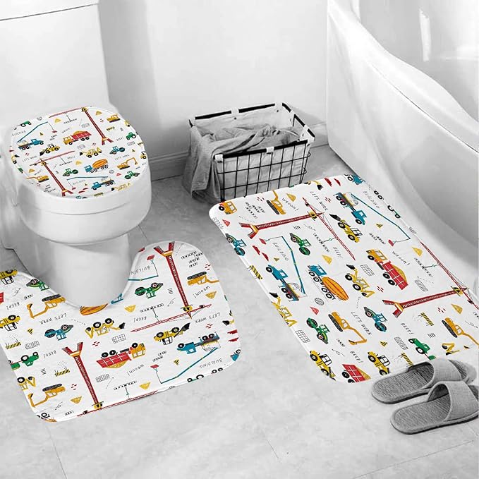 4 Pcs Excavator Kids Shower Curtain Sets, Tractor Machinery Trucks, Construction Vehicle Shower Curtain for Boys, Bulldozer Crane Bath Curtain Equipment Truck Shower Curtain Set, 72x72in