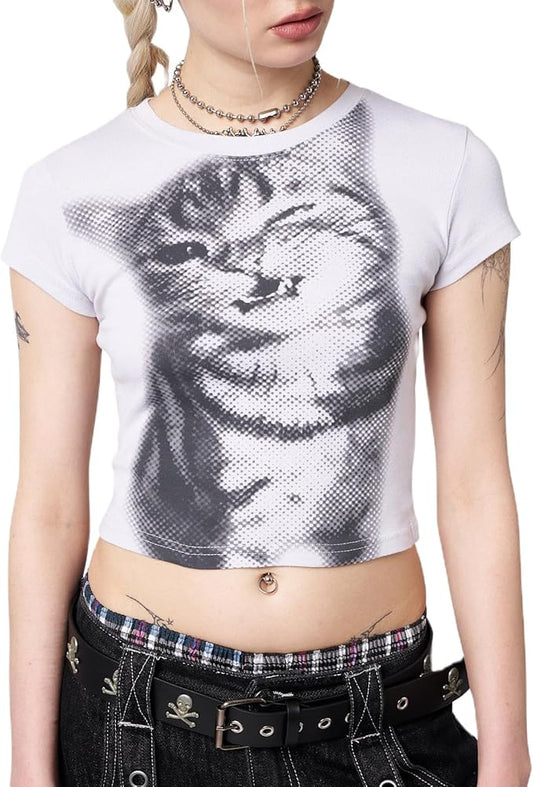 Y2k Graphic Baby Tees for Women Funny Kitten Shirt Tops Aesthetic Fairy Grunge Crop Top 90s 2000s Vintage Clothing
