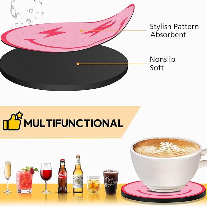 Swooflia Coasters for Drinks Coffee Table, Smile Face Cute Silicone Absorbent Cup Coaster Set Housewarming Kitchen Home Wooden Desk Office Bar Tabletop Decor 6 Pack