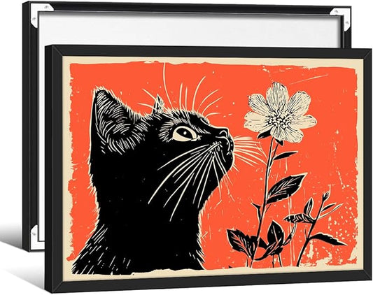 Black Cat Posters Vintage Animal Botanical Wall Art Cute Cat Sniffing Flower Canvas Painting Gift For Cat Lover 12x16 inch Black Framed Living Room Gallery Wall Decor