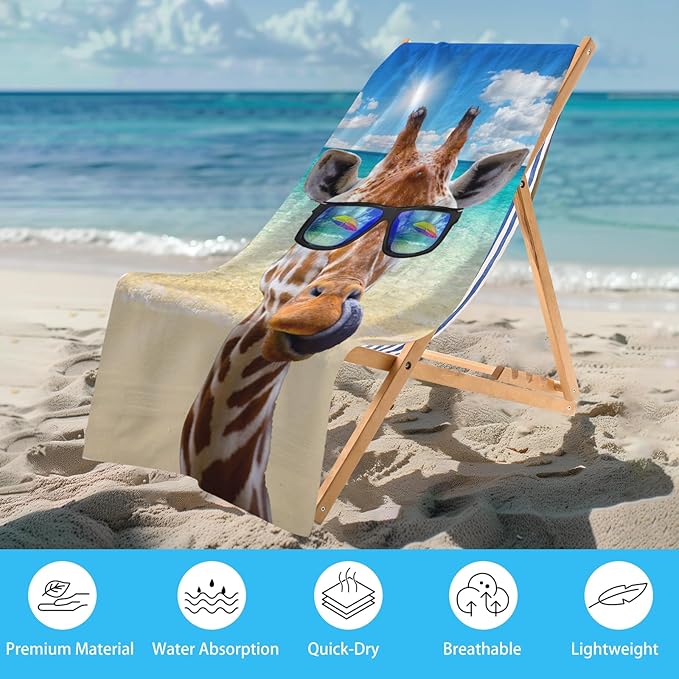 WZOMT Funny Giraffe Beach Towel Microfiber Cartoon Giraffes with Sunglass Summer Ocean Bath Towels for Kids Adults, Giraffe Gifts, Quick-Dry Absorbent Swim Pool Towel, Oversized 32x52 Inch