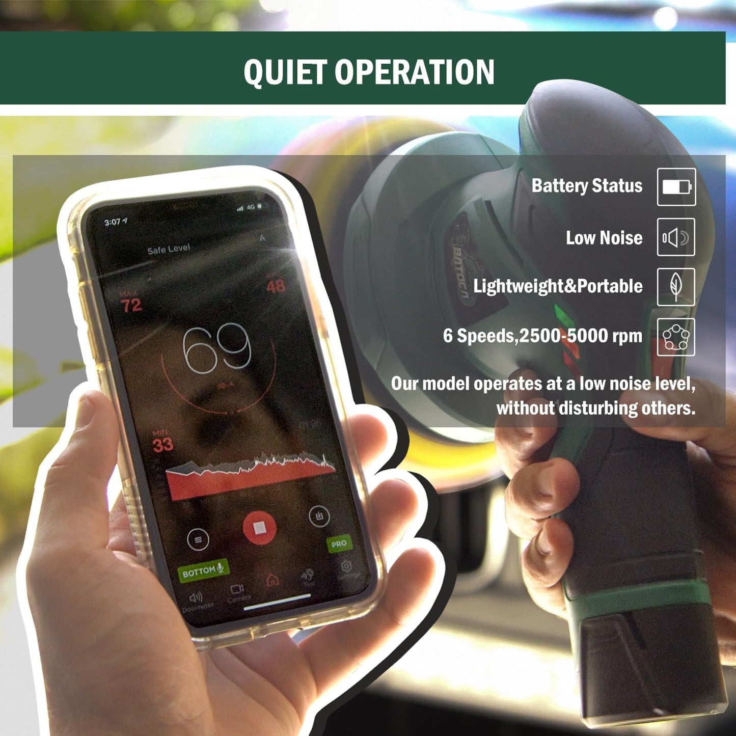 BATOCA - Cordless Car Buffer Polisher - 1pcs 2.0Ah 12V Lithium-ion Rechargeable Battery Powered Brushless Polisher with 6 Variable Speed, DA Orbital Buffer for Car Detailing, Polishing, Waxing