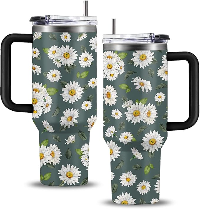 White Daisies Tumbler with Handlea 40oz, Daisy Aesthetic Gifts Flowers Stainless Steel Coffee Cup, Double Wall Vacuum Insulated Travel Mug, Christmas Birthday Gifts for Women Friend Sister Her