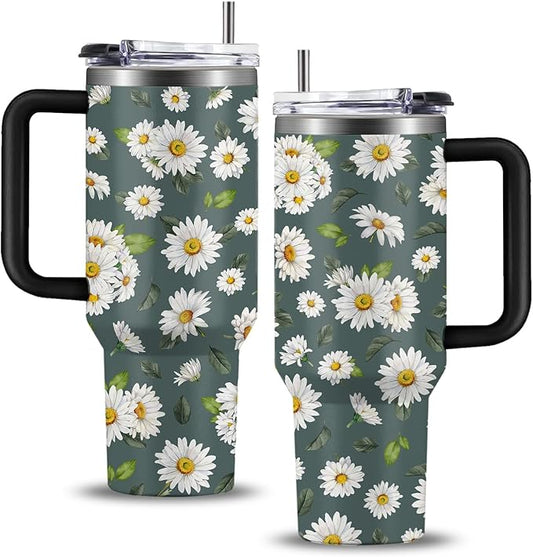 White Daisies Tumbler with Handlea 40oz, Daisy Aesthetic Gifts Flowers Stainless Steel Coffee Cup, Double Wall Vacuum Insulated Travel Mug, Christmas Birthday Gifts for Women Friend Sister Her
