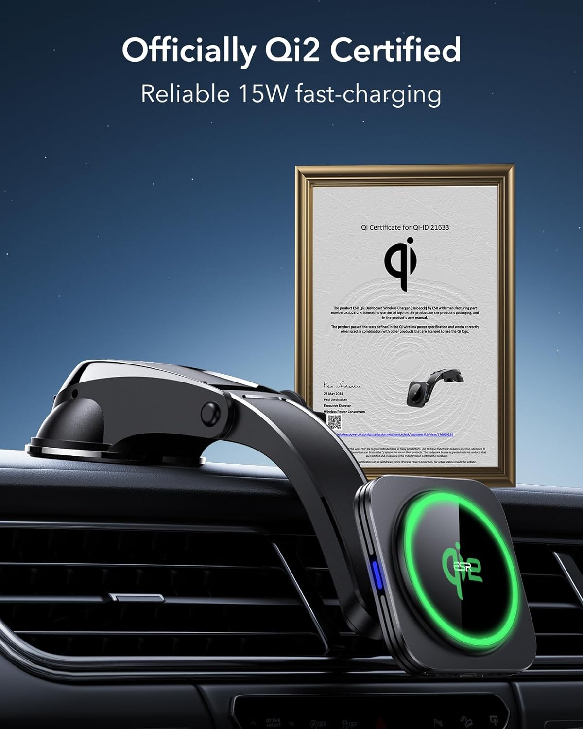 ESR for Qi2 15W MagSafe Car Mount Charger, Qi2-Certified MagSafe Car Charger, Dashboard Magnetic Wireless Charging Mount, for iPhone 16/15/14/13/12, Galaxy S25, Fast Charging, Car Accessories,Black
