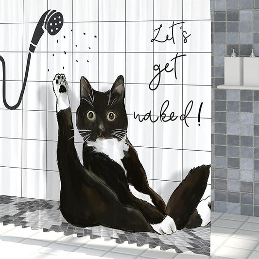 Black Cat Extra Long Shower Curtain, Funny Kitty Animal Get Naked Plaid Machine Washable Waterproof Durable Fabric for Bathroom Decor Bathtub with 12 Hooks 72Wx78H