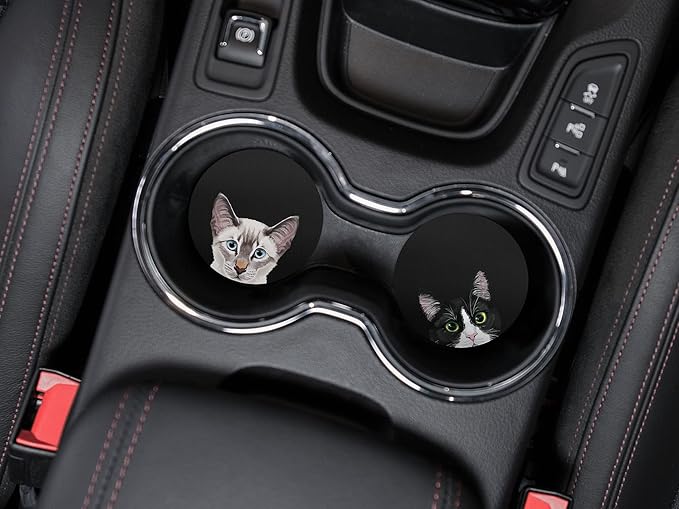 WIRESTER, Lynx Point Lilac Siamese Cat, Black White Tuxedo Cat Design Absorbent ROUND Fabric Felt Neoprene Car Coasters for Drinks (2.87 inches), 2pcs Set