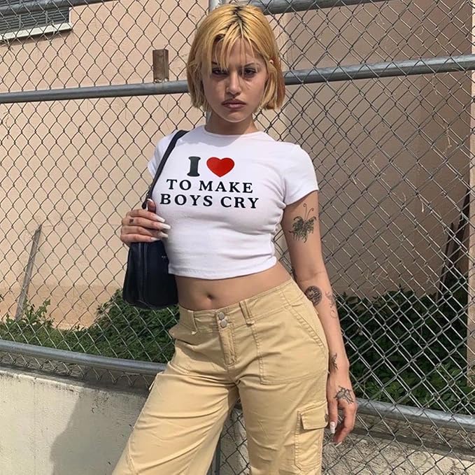 Women Girls Y2K Crop Top Letter Print Baby Tees Grunge T-Shirt