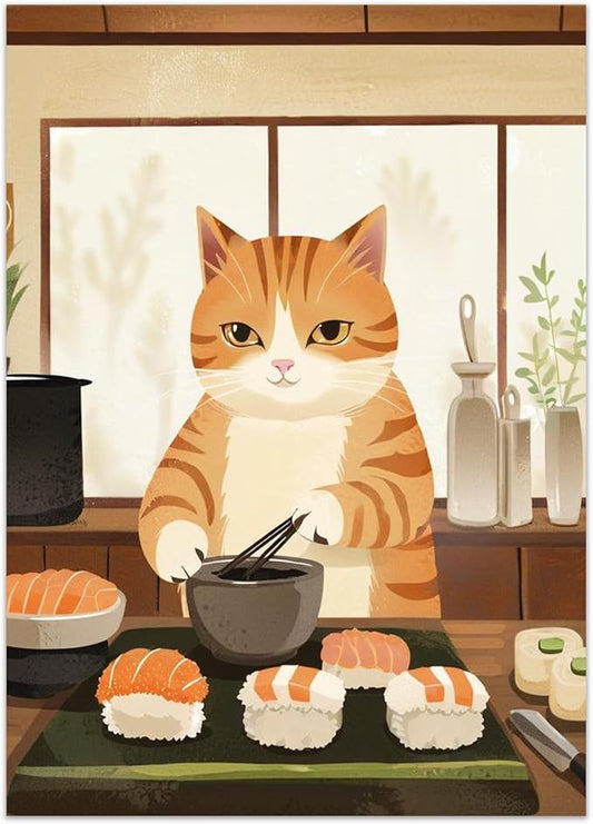 Vintage Cat Chef Kitchen Poster,Funny Food Canvas Wall Art,Cute Cat Cooking Sushi Print, Retro Kitchen Wall Decor, Whimsical Kitchen Art for Home, Dining Room, Cafe 08x12 in Unframed