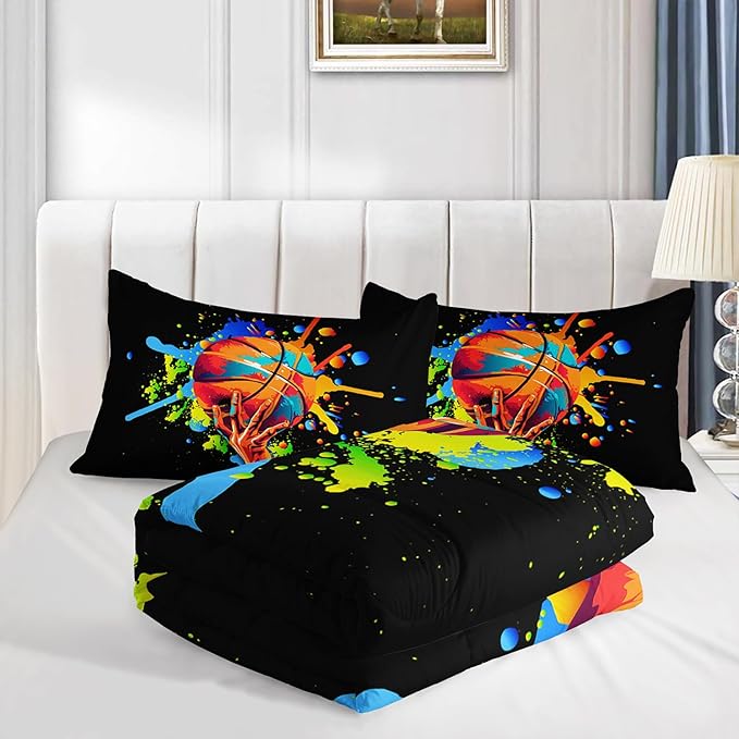 Black Basketball Comforter Set King Size,Watercolor Tie-dye Comforter Color Graffiti Hip Hop Style King Bed Set,Ball Sports Games Bedding Set for Teens Kids Bedroom Decor with 2 Pillowcases.