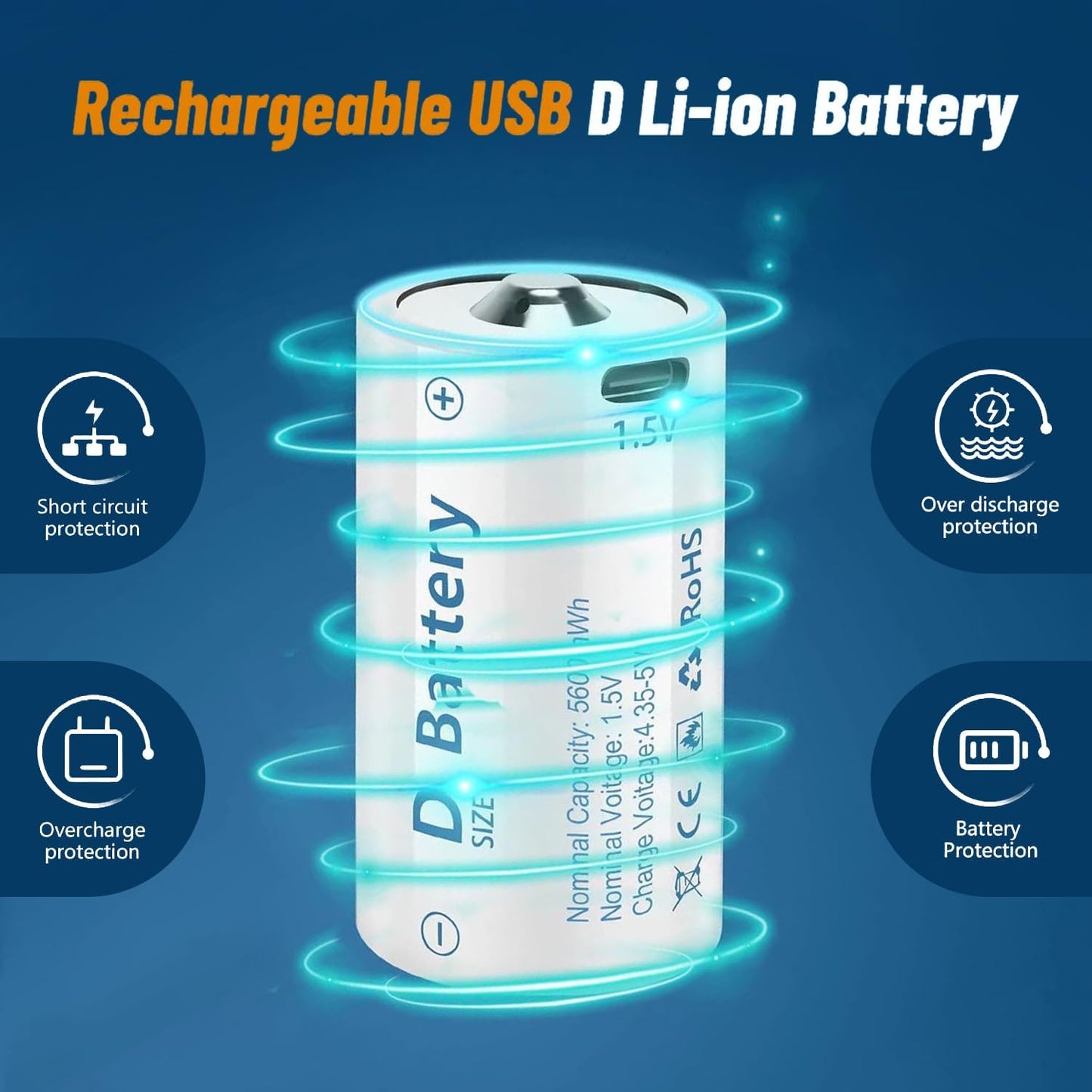 1.5V D Size Cell Battery for Flashlight Toys & floodlight,Lithium D Batteries Rechargeable 8 Pack, Rechargeable D Size Batteries with USB-C 4 in 1 Charging Cable.