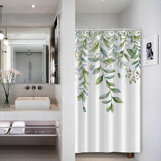 AWERT Green Mixed Light Blue Plant Stall Shower Curtain with 6 Hooks Sage Green Shower Curtain for Bathroom Waterproof Fabric 36x72 inch