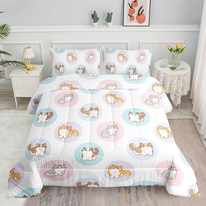White Kawaii Cat Comforter Bedding Set for Girls Kitten White Print Cute Animal Pattern Bedding Set with 1 Comforter and 2 Pillowcases for Girls Bedroom All Season(Cat White Full)