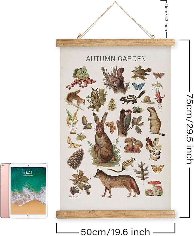 XIAOAIKA Autumn Garden Wildlife Poster - Vintage Illustrated Seasonal Fauna and Flora Chart with Wooden Frame - Educational Wall Art for Home, Classroom, or Nature Enthusiast 20 x 30 Inches