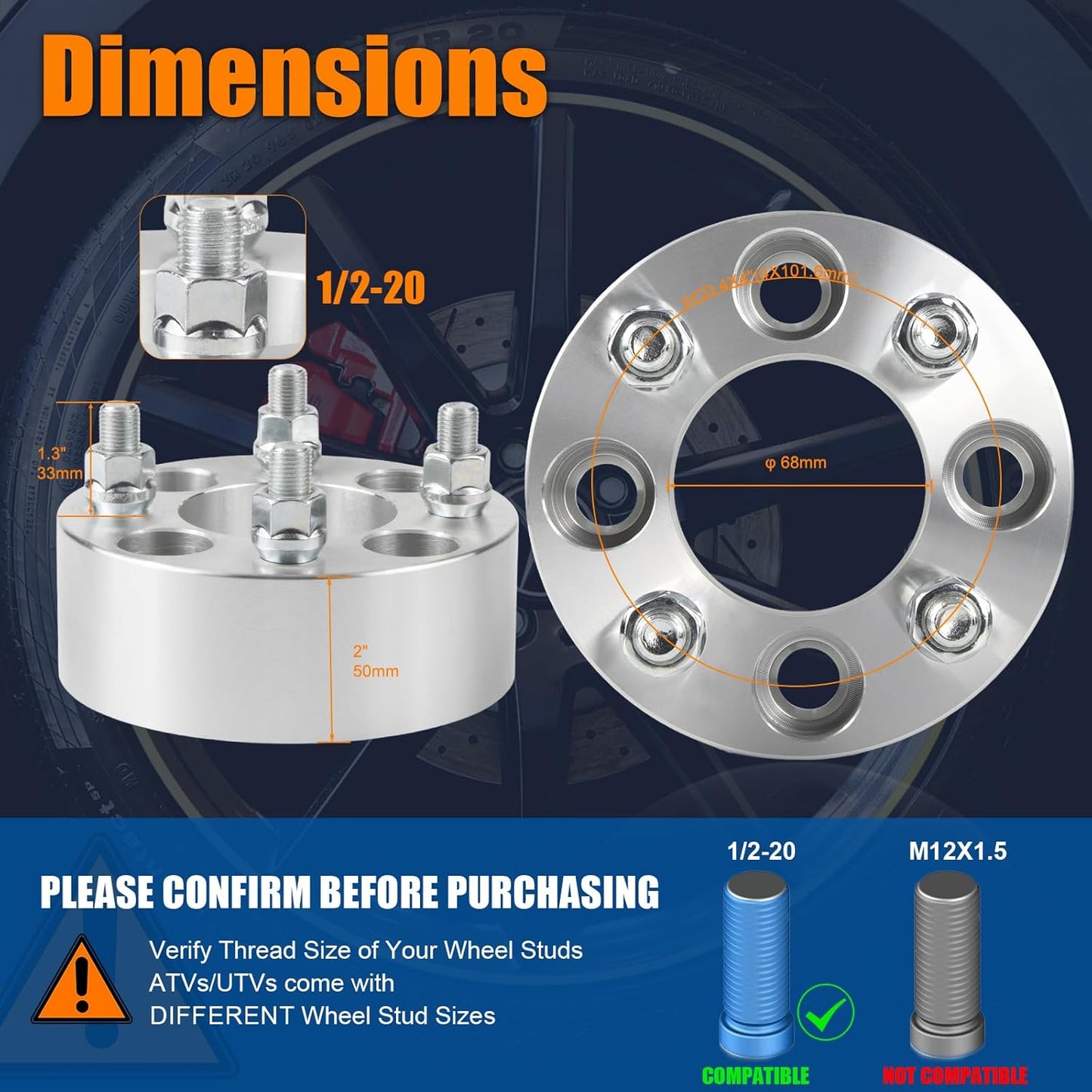 GAsupply 2” 4x4(4X101.6mm) Wheel Spacers Fits for EZ GO EZGO Club Car Golf Carts & ATV, 4x100 to 4x100 Forged ATV Wheel Spacer, 68mm Hub Bore, 1/2"-20 Thread Pitch, 4 Pack (2”, Chrome)
