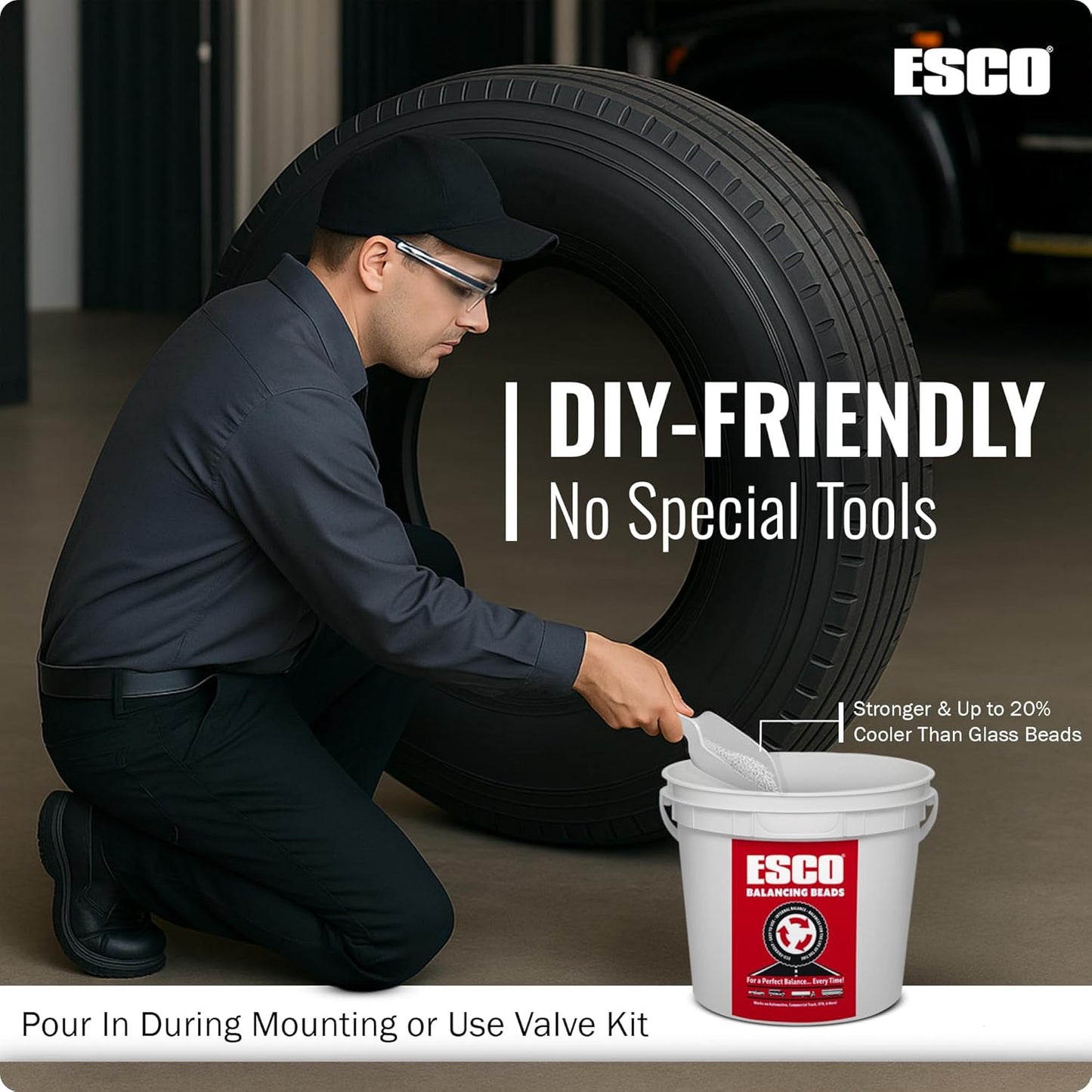 ESCO Tire Balance Beads – 17.6 lb Bulk Bucket (Model 20466C) | Reusable Ceramic Balancing Beads for Truck, RV, Motorcycle, Trailer & Car Tires | Reduces Vibration & Improves Tire Life