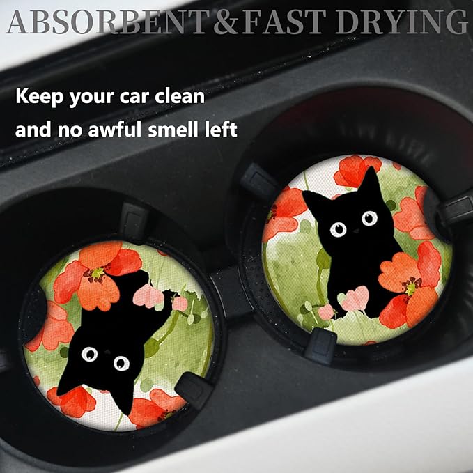 Car Coasters for Cup Holders,Balck Cat Cute Car Assecories for Women,Pack of 2 Cup Holder Coasters for Car,2.75" Anti Slip Rubber Car Cup Mat with A Finger Notch.