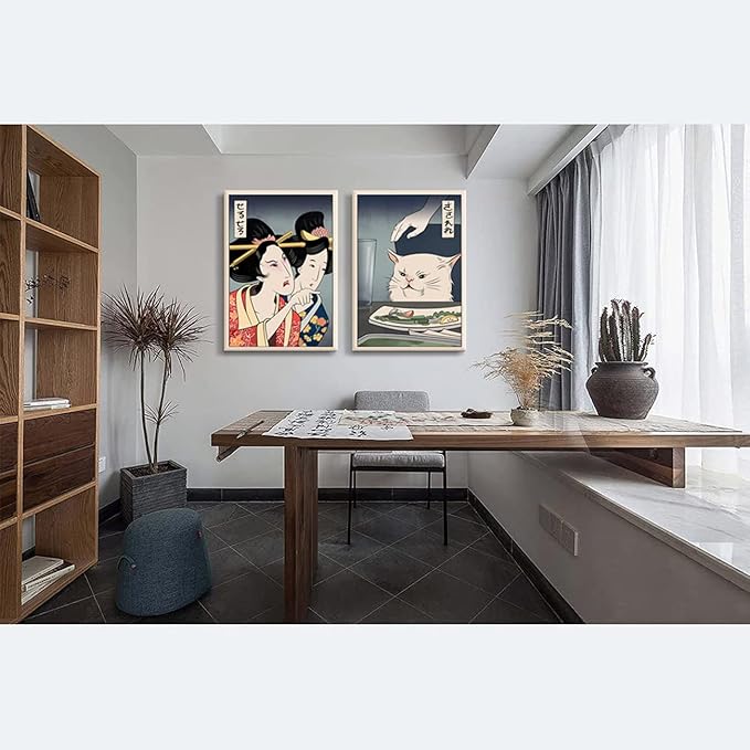 2pcs Funny Cute Canvas Painting Japanese Woman Yelling at Cat Eating Food Poster Print Vintage Wall Art Meme Picture Dining Room Kitchen Ready to Hang 12x16 Inches…