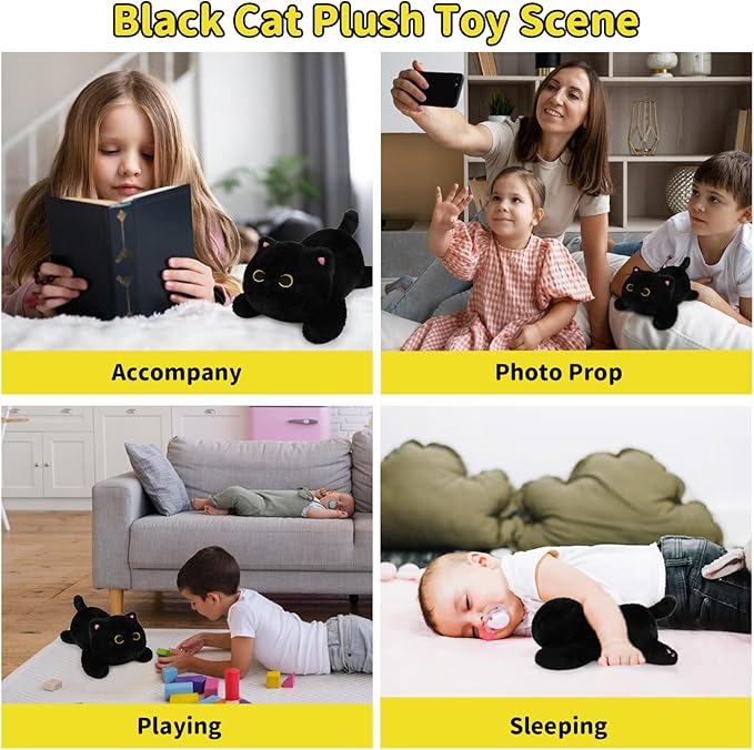 Weighted Black Cat Plush,Weighted Black Cat Stuffed Animal for Kids,Cute Stuffed Cat Plush Pillow,Soft Cat Plushies Toys Gifts for Kids