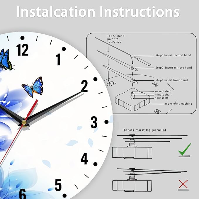 SPUNKER Clocks for Living Room,Blue Butterfly 10 Inch Wall Clock,Lily Flower Small Battery Operated Wall Clocks Decorative for Kitchen/Living Room/Bedroom/Bathroom/Dining Room